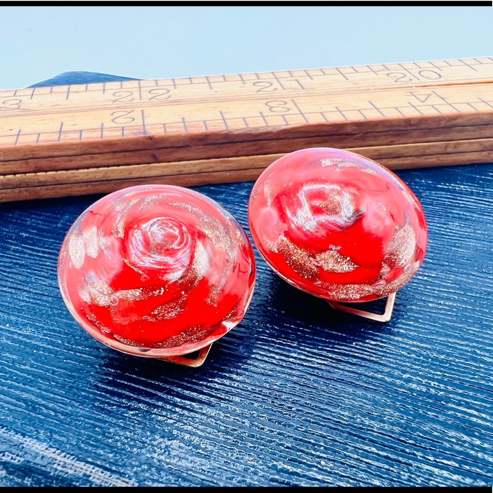 Vintage ITALY Sommerso glass cherry red & gold swirl glass dome clip on earrings